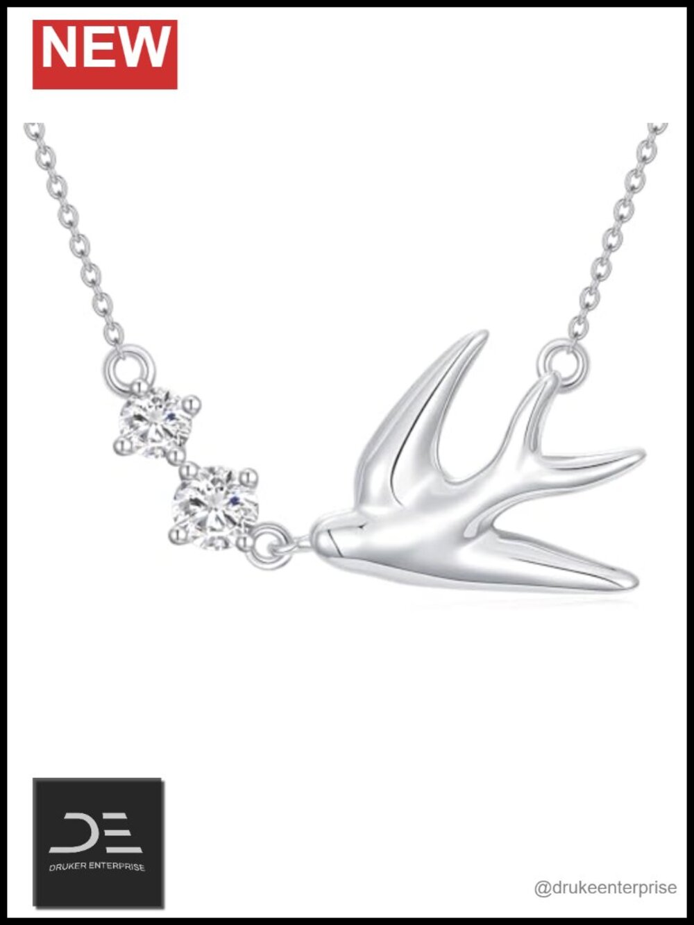 Diamond Bird Pendant Necklace 16-18" Sterling Silver Chain